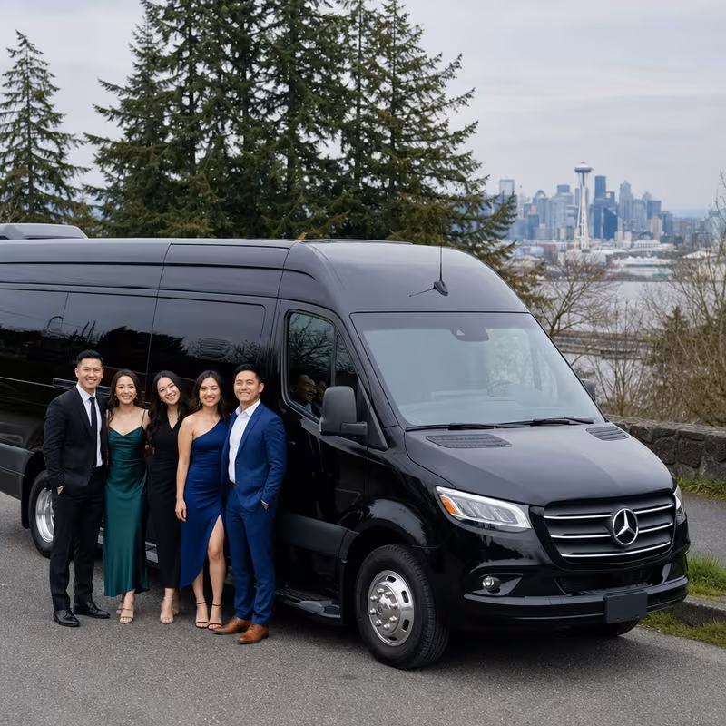 Group beside a Mercedes Sprinter limo from the Seattle fleet