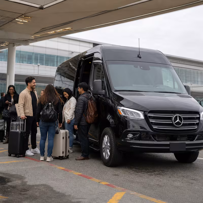 Group boarding a white charter bus for Airport Transportation transportation in Seattle