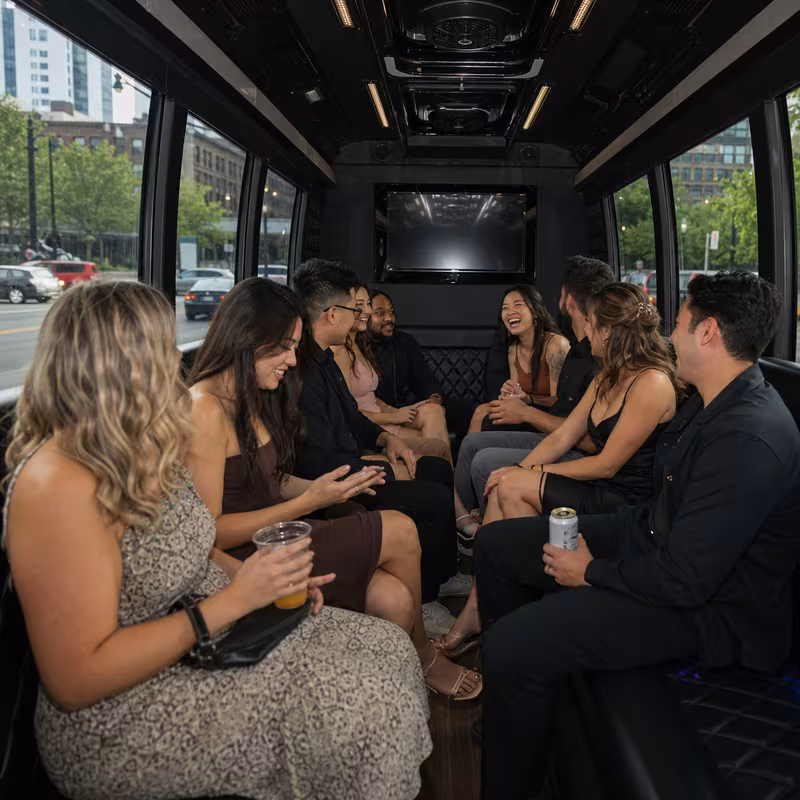 Party bus interior with wraparound leather seating and LED lighting in Seattle