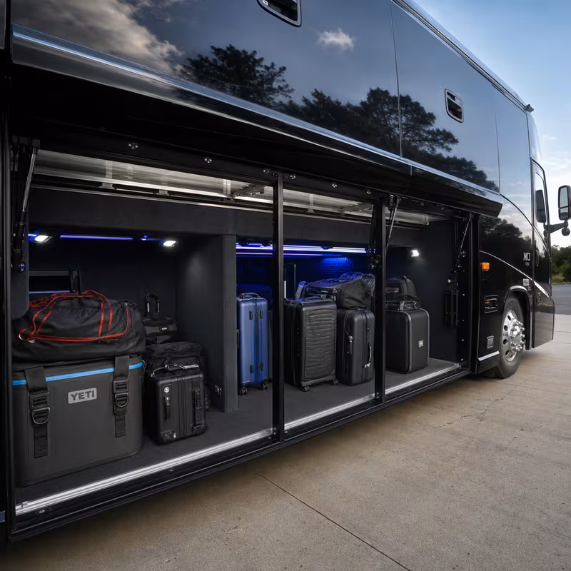 Party bus interior with wraparound leather seating and LED lighting in Seattle
