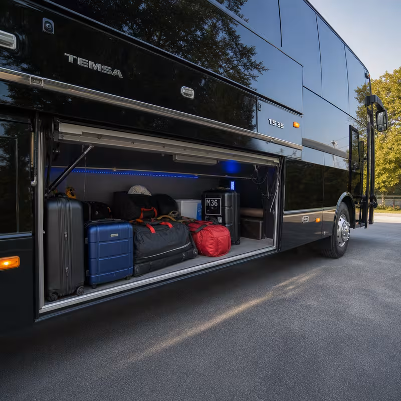 Party bus interior with wraparound leather seating and LED lighting in Seattle
