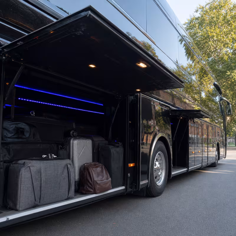 Party bus interior with wraparound leather seating and LED lighting in Seattle